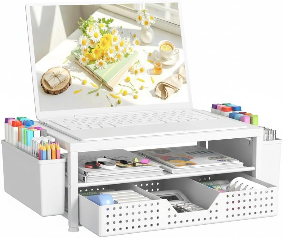 Desk Organizer and Accessories, 2-Tier Computer Monitor Stand Riser with Drawer and 2 Pen Holders, Laptop Stand, Office Desk Accessories for Office Supplies, Black