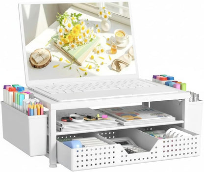 Desk Organizer and Accessories, 2-Tier Computer Monitor Stand Riser with Drawer and 2 Pen Holders, Laptop Stand, Office Desk Accessories for Office Supplies, Black