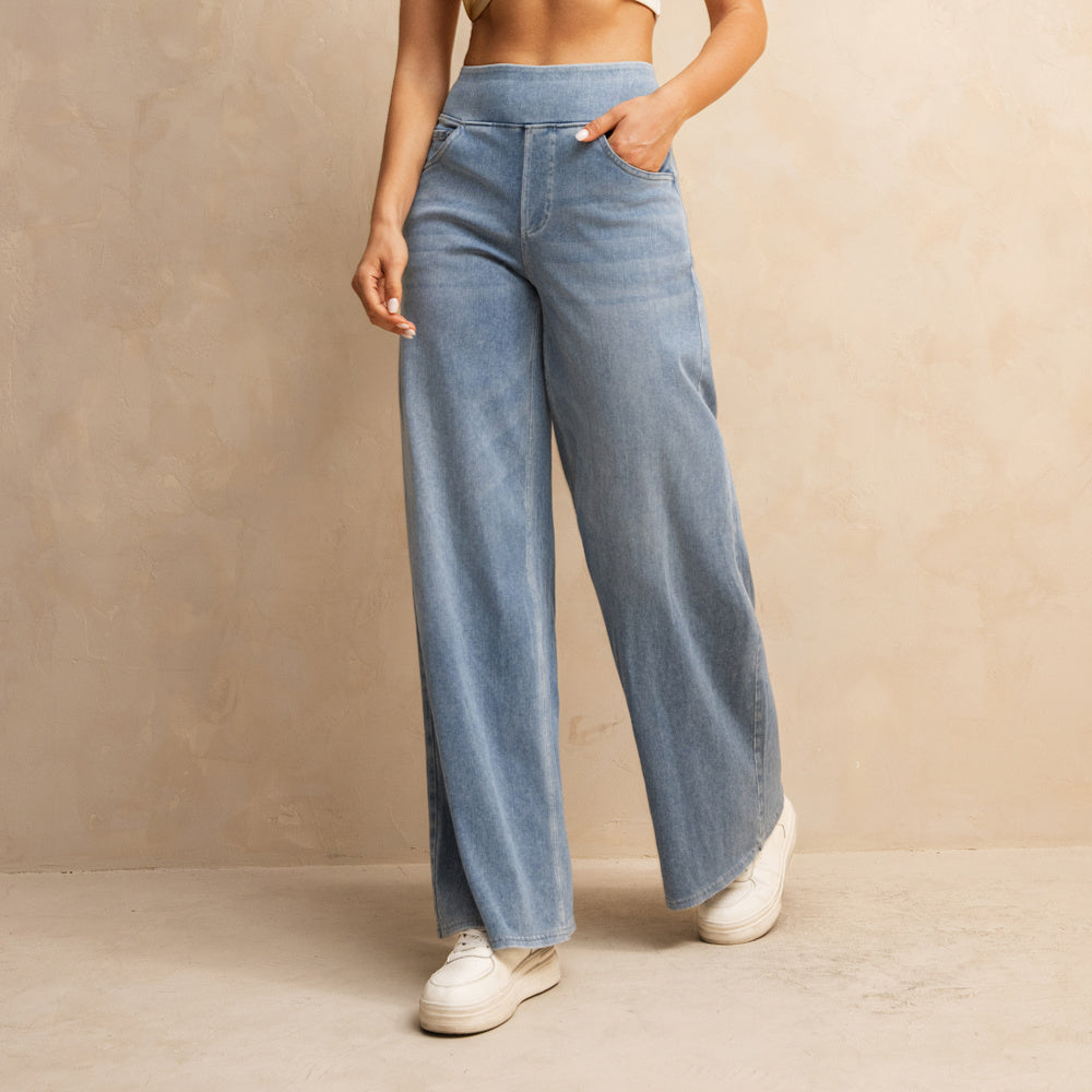 Shascullfites Melody Women's High-Waisted Wide-Leg Jeans Light Blue Casual Knitted Pants With Pockets Baggy Fit