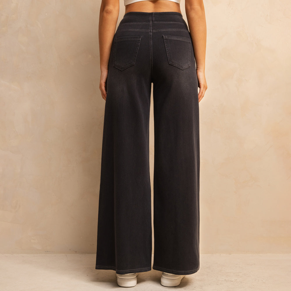 Shascullfites Melody Dark Grey Women's Wide Leg Jeans Multiple Pockets Stretchy Knit Casual Baggy Jeans