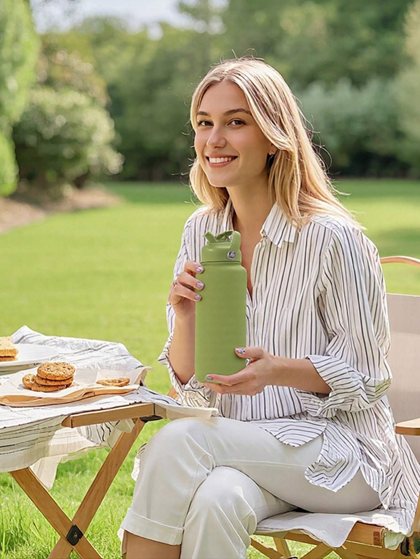 Sports Water Bottle With Portable Handle, Straw, Stainless Steel, American-style, Wide-mouth, Thermal Insulation Cup