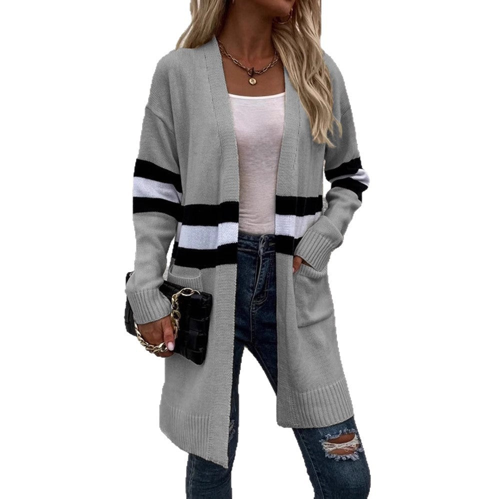 Striped Contrast Color Loose Casual Sweater Coat