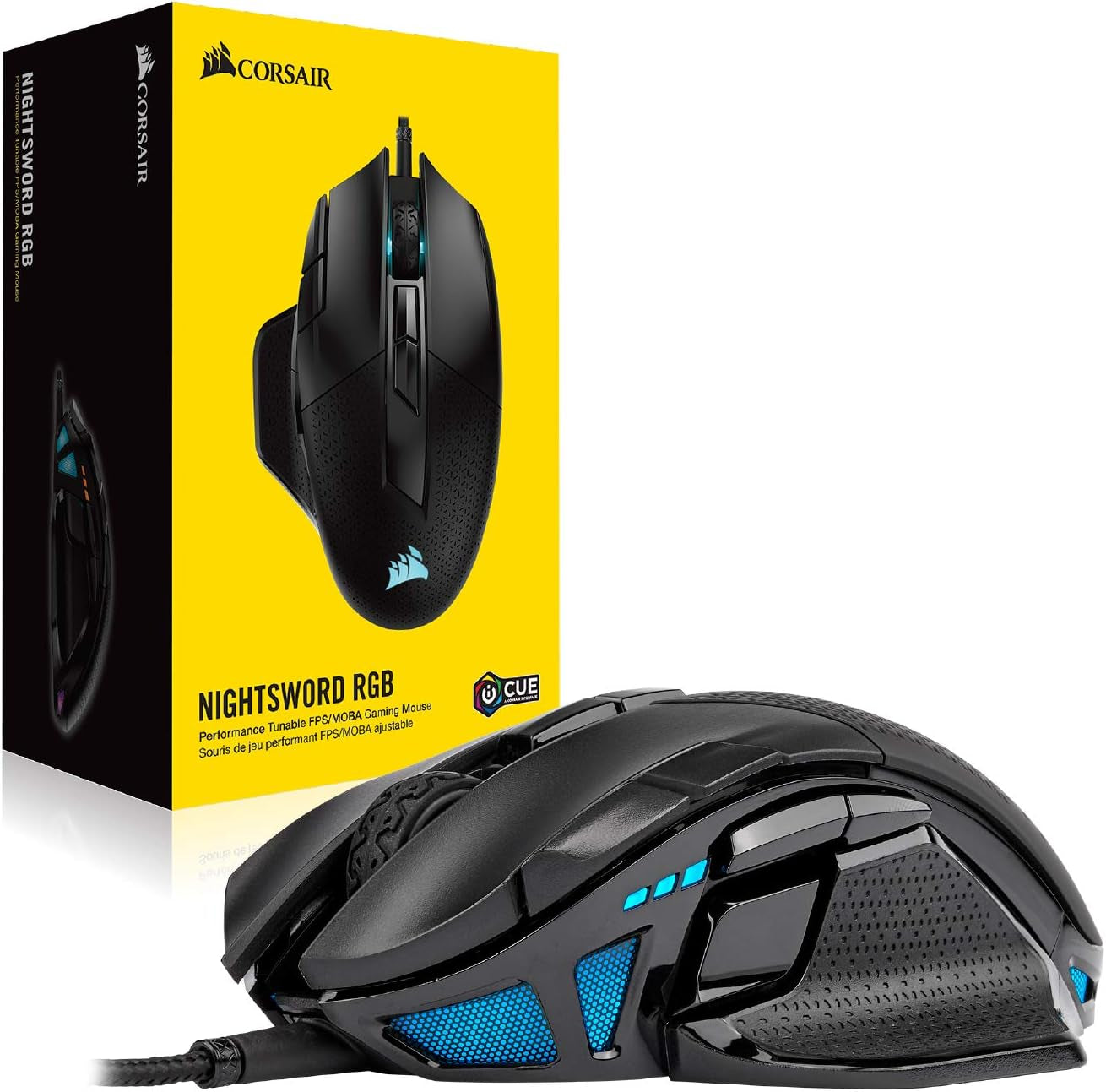 NIGHTSWORD RGB Gaming Mouse for FPS, MOBA - 18,000 DPI - 10 Programmable Buttons - Weight System - Icue Compatible - Black