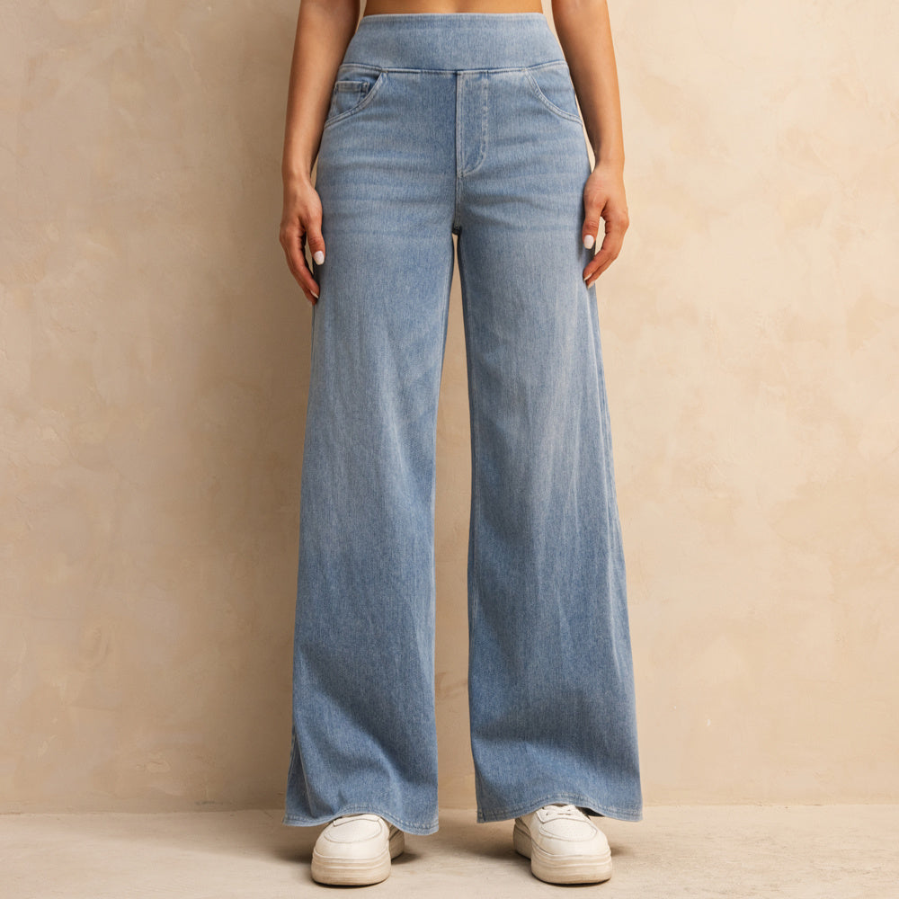 Shascullfites Melody Women's High-Waisted Wide-Leg Jeans Light Blue Casual Knitted Pants With Pockets Baggy Fit