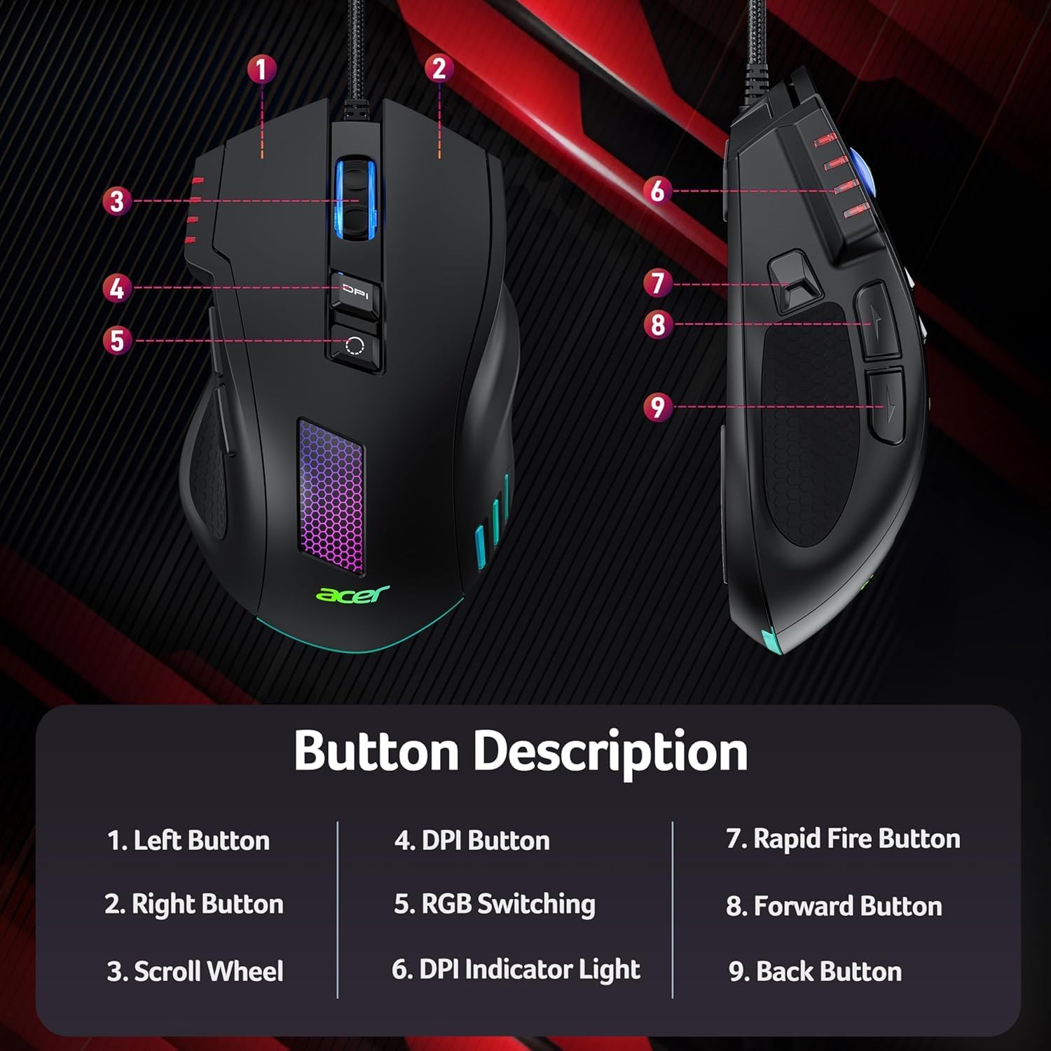 Wired Gaming Mouse, 12,800 DPI RGB Ergonomic Computer Mouse with Optical Sensor, 8 Programmable Buttons, 12 Backlit Modes, Software for DIY Keybinds, Rapid Fire, USB Gaming Mice for Laptop, PC