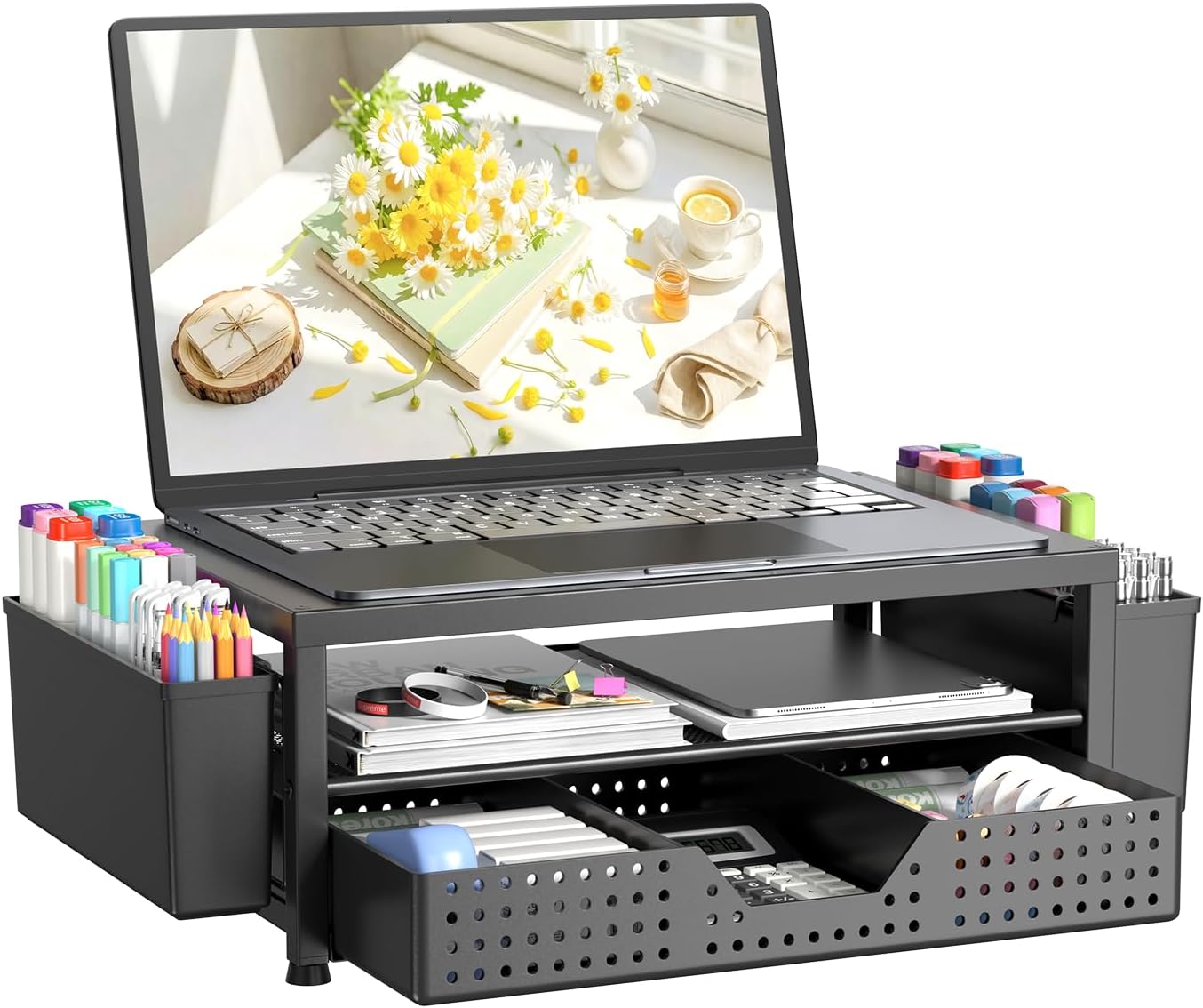 Desk Organizer and Accessories, 2-Tier Computer Monitor Stand Riser with Drawer and 2 Pen Holders, Laptop Stand, Office Desk Accessories for Office Supplies, Black