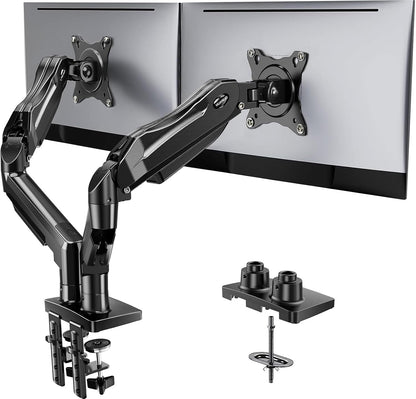 Flowlift™ Dual Monitor Stand, Fully Adjustable Gaming Monitor Desk Mount for 13–32″ Computer Screens, Full Motion VESA 75X75/100X100 with C-Clamp & Grommet Base, Each Arm Holds 4.4 to 19.8 Lbs