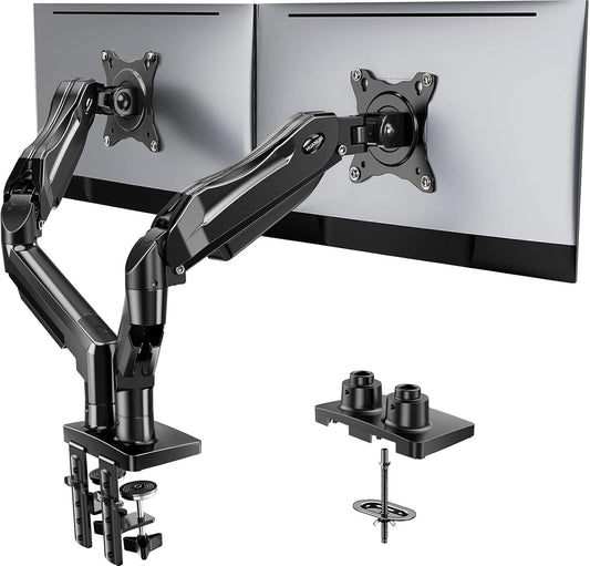 Flowlift™ Dual Monitor Stand, Fully Adjustable Gaming Monitor Desk Mount for 13–32″ Computer Screens, Full Motion VESA 75X75/100X100 with C-Clamp & Grommet Base, Each Arm Holds 4.4 to 19.8 Lbs