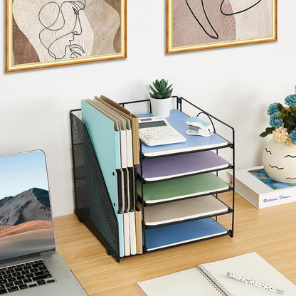 Desk Organizers and Accessories, 5-Tier Paper Letter Tray Organizer with File Holder, Desktop Organizer for Office Supplies (Black)