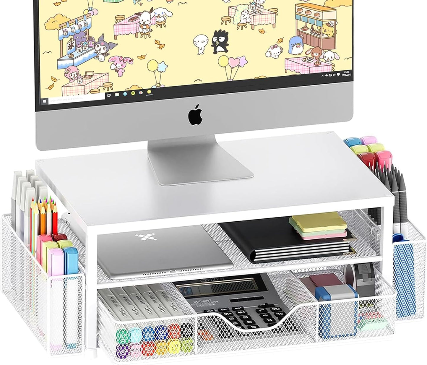 Desk Organizer and Accessories, 2-Tier Computer Monitor Stand Riser with Drawer and 2 Pen Holders, Laptop Stand, Office Desk Accessories for Office Supplies, Black