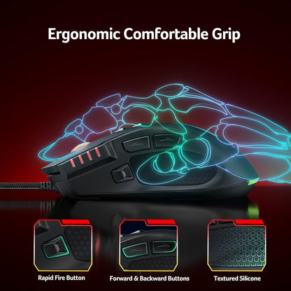 Wired Gaming Mouse, 12,800 DPI RGB Ergonomic Computer Mouse with Optical Sensor, 8 Programmable Buttons, 12 Backlit Modes, Software for DIY Keybinds, Rapid Fire, USB Gaming Mice for Laptop, PC