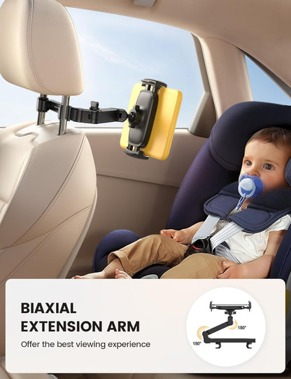 Car Headrest Tablet Holder - [3 in 1 Extension Arm] Adjustable Tablet Car Mount for Back Seat, Road Trip Essentials for Kids, for 4.7-11" Device like Ipad Pro, Air, Mini, Galaxy, Fire, Black
