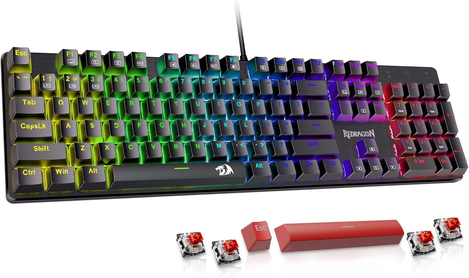 Mechanical Gaming Keyboard Wired, 11 Programmable Backlit Modes, Hot-Swappable Red Switch, Anti-Ghosting, Double-Shot PBT Keycaps, Light up Keyboard for PC Mac