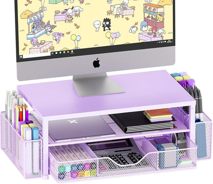 Desk Organizer and Accessories, 2-Tier Computer Monitor Stand Riser with Drawer and 2 Pen Holders, Laptop Stand, Office Desk Accessories for Office Supplies, Black