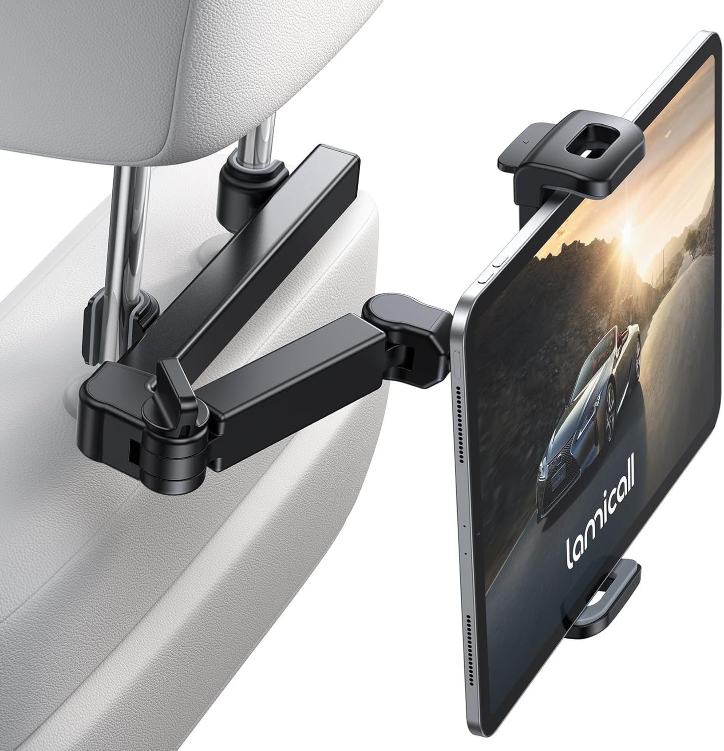 Car Headrest Tablet Holder - [3 in 1 Extension Arm] Adjustable Tablet Car Mount for Back Seat, Road Trip Essentials for Kids, for 4.7-11" Device like Ipad Pro, Air, Mini, Galaxy, Fire, Black