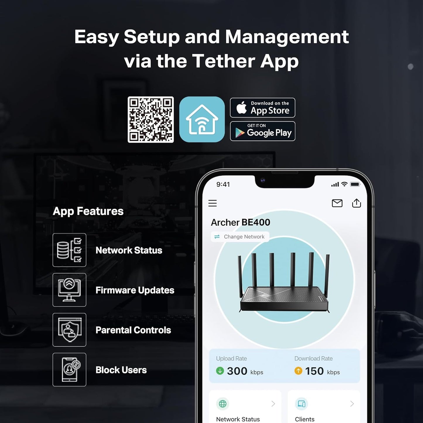 Archer BE6500 Dual-Band Wi-Fi 7 Router (Archer BE400) | Dual 2.5 Gbps Ports USB 3.0 | Covers up to 2,400 Sq. Ft and 90 Devices | Quad-Core CPU| Homeshield, Private Iot, Free Expert Support