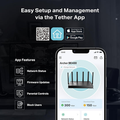 Archer BE6500 Dual-Band Wi-Fi 7 Router (Archer BE400) | Dual 2.5 Gbps Ports USB 3.0 | Covers up to 2,400 Sq. Ft and 90 Devices | Quad-Core CPU| Homeshield, Private Iot, Free Expert Support
