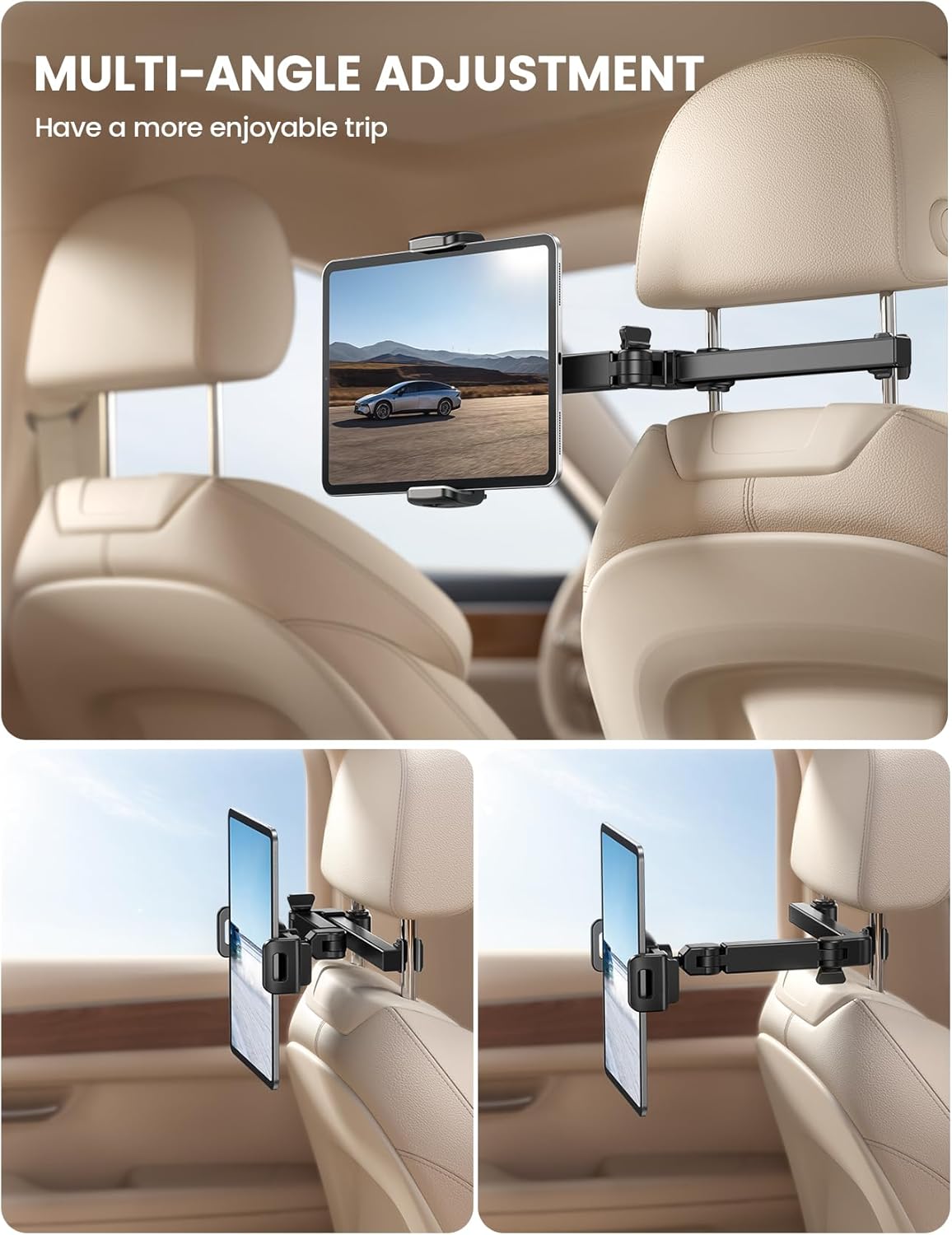 Car Headrest Tablet Holder - [3 in 1 Extension Arm] Adjustable Tablet Car Mount for Back Seat, Road Trip Essentials for Kids, for 4.7-11" Device like Ipad Pro, Air, Mini, Galaxy, Fire, Black