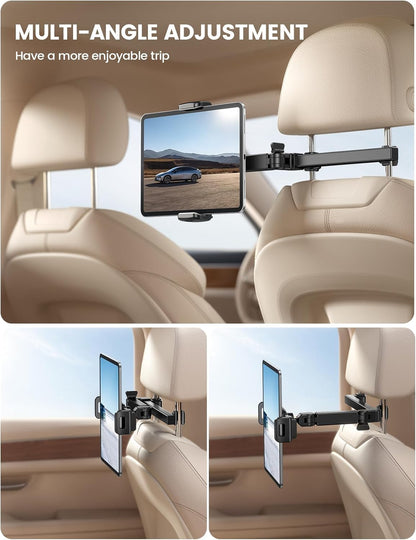 Car Headrest Tablet Holder - [3 in 1 Extension Arm] Adjustable Tablet Car Mount for Back Seat, Road Trip Essentials for Kids, for 4.7-11" Device like Ipad Pro, Air, Mini, Galaxy, Fire, Black