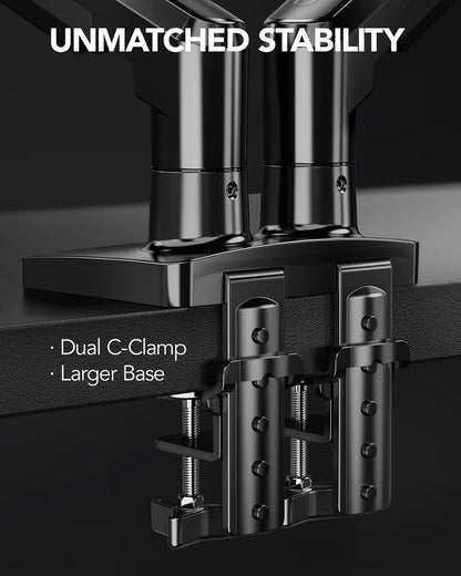 Flowlift™ Dual Monitor Stand, Fully Adjustable Gaming Monitor Desk Mount for 13–32″ Computer Screens, Full Motion VESA 75X75/100X100 with C-Clamp & Grommet Base, Each Arm Holds 4.4 to 19.8 Lbs