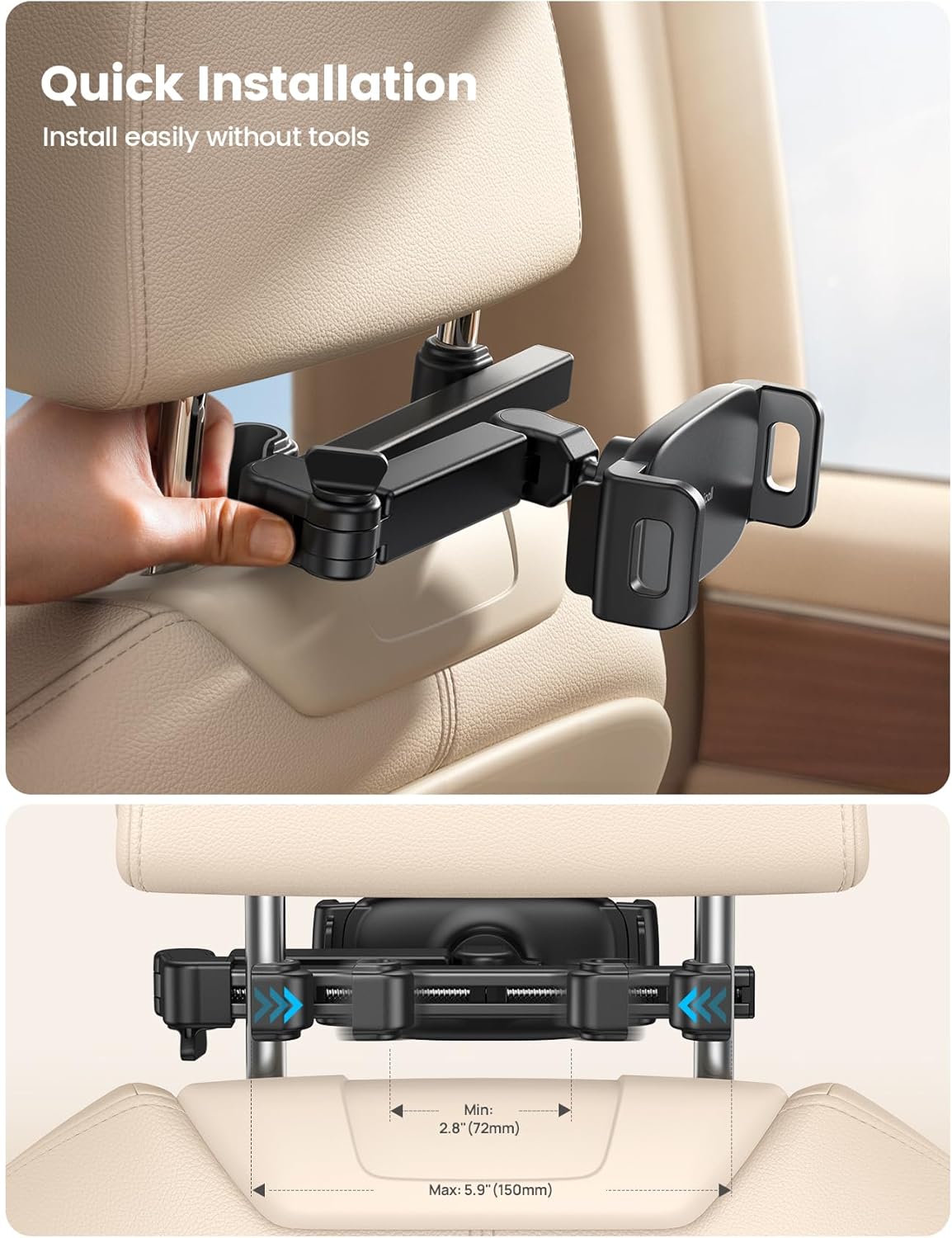 Car Headrest Tablet Holder - [3 in 1 Extension Arm] Adjustable Tablet Car Mount for Back Seat, Road Trip Essentials for Kids, for 4.7-11" Device like Ipad Pro, Air, Mini, Galaxy, Fire, Black