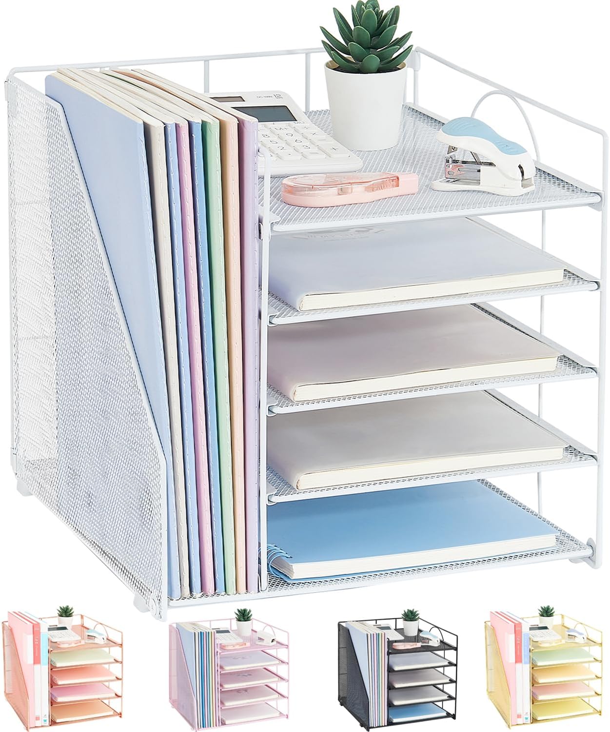Desk Organizers and Accessories, 5-Tier Paper Letter Tray Organizer with File Holder, Desktop Organizer for Office Supplies (Black)