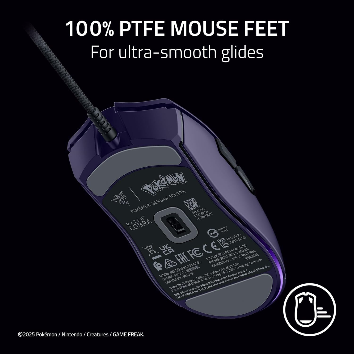 Cobra Wired Gaming Mouse: 58G Lightweight - Gen-3 Optical Switches - Chroma RGB Lighting Underglow - 8500 DPI Optical Sensor - 100% PTFE Mouse Feet - Speedflex Cable - Pokemon Gengar Edition