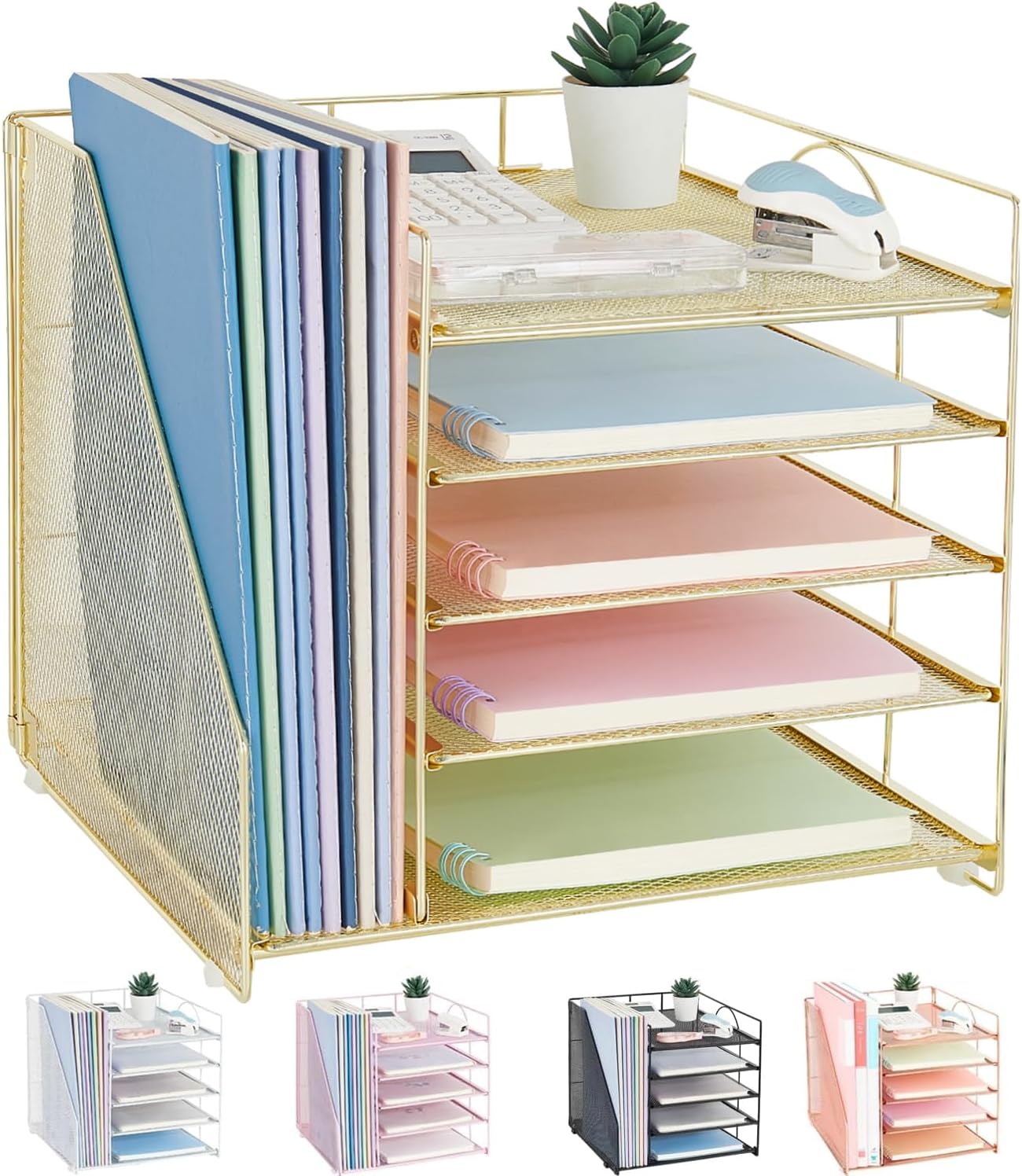 Desk Organizers and Accessories, 5-Tier Paper Letter Tray Organizer with File Holder, Desktop Organizer for Office Supplies (Black)