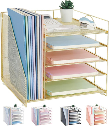 Desk Organizers and Accessories, 5-Tier Paper Letter Tray Organizer with File Holder, Desktop Organizer for Office Supplies (Black)