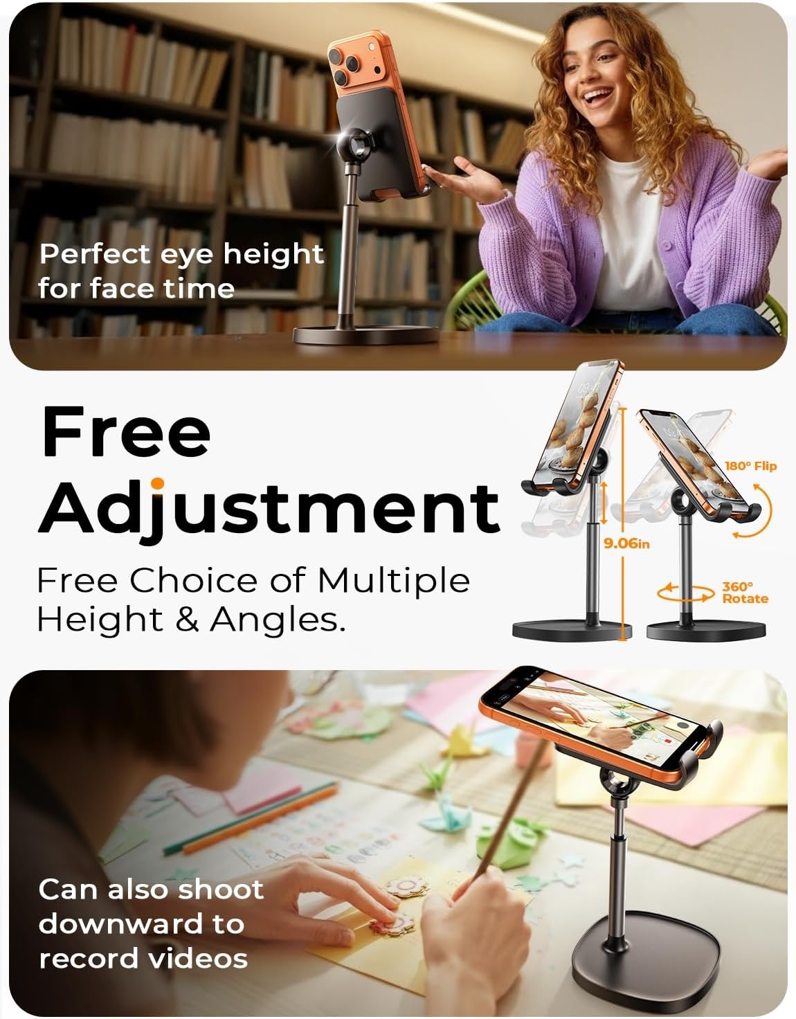 Cell Phone Stand Adjust for Iphone Phone Holder for Desk Recording, Gifts Women Office Desk Accessories PC Gaming Essentials Kitchen Gadgets Fit Otterbox Case Switch Ipad Air Tablet 4-10 In