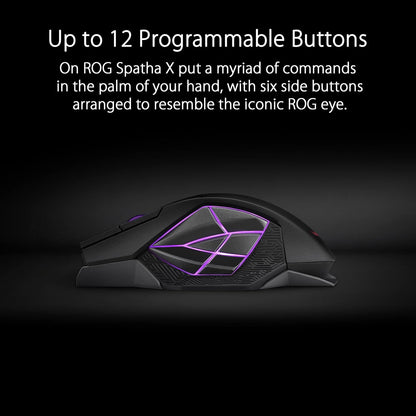 ROG Spatha X Wireless Gaming Mouse – MMO/MOBA Design, 12 Programmable Buttons, Right-Handed, 168G, Dual-Mode (Wired/2.4Ghz), 19K DPI, up to 67Hr Battery, Magnetic Charging Dock, Pc/Mac Support