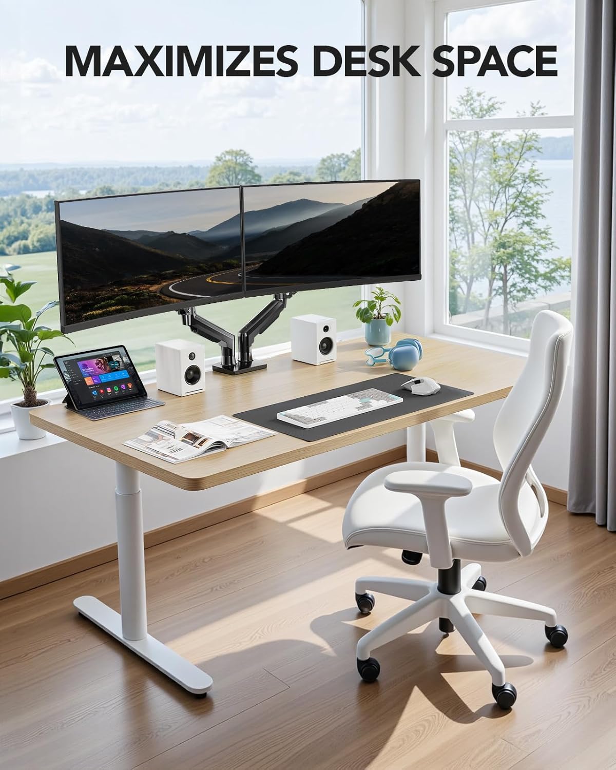 Flowlift™ Dual Monitor Stand, Fully Adjustable Gaming Monitor Desk Mount for 13–32″ Computer Screens, Full Motion VESA 75X75/100X100 with C-Clamp & Grommet Base, Each Arm Holds 4.4 to 19.8 Lbs