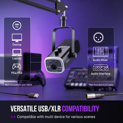XLR/USB Gaming Microphone Set, Dynamic PC Mic for Streaming Podcasting, Computer RGB Mic Kit with Boom Arm Stand, Mute Button, Headphones Jack, for Recording Vocal Voice-Over-Ampligame AM8T