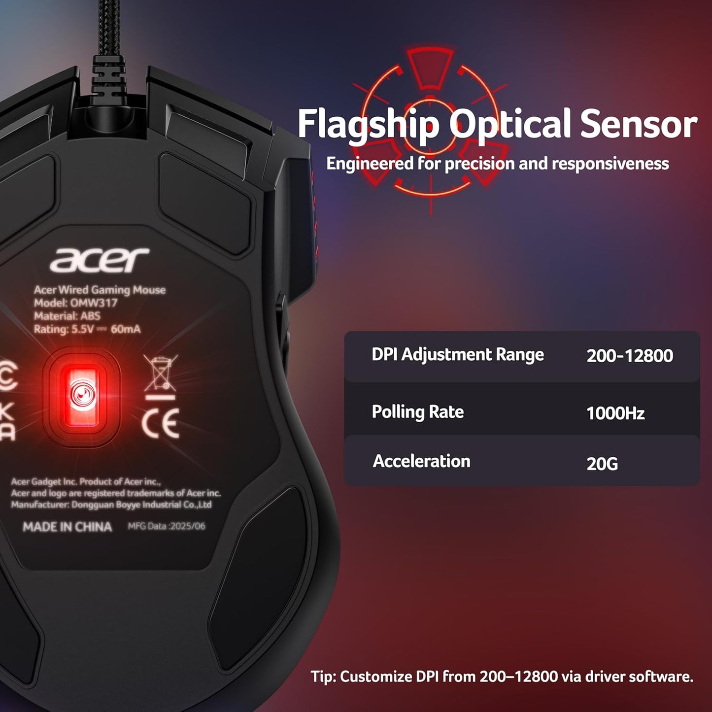 Wired Gaming Mouse, 12,800 DPI RGB Ergonomic Computer Mouse with Optical Sensor, 8 Programmable Buttons, 12 Backlit Modes, Software for DIY Keybinds, Rapid Fire, USB Gaming Mice for Laptop, PC