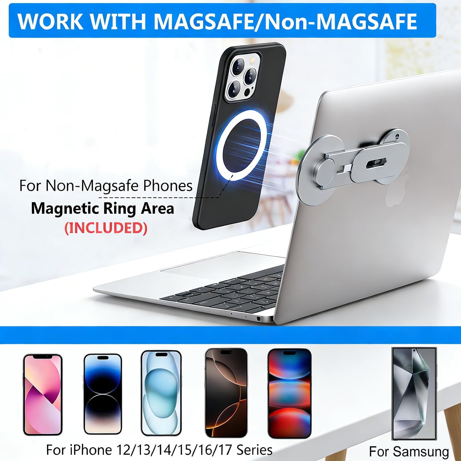 Magnetic Phone Holder for Laptop, Magsafe Laptop Phone Mount for Iphone 17/16/15/14/13/12 & All Phones, 180°Adjustable Magnetic Phone Holder for Tesla Monitor (Gray)