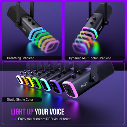 XLR/USB Gaming Microphone Set, Dynamic PC Mic for Streaming Podcasting, Computer RGB Mic Kit with Boom Arm Stand, Mute Button, Headphones Jack, for Recording Vocal Voice-Over-Ampligame AM8T