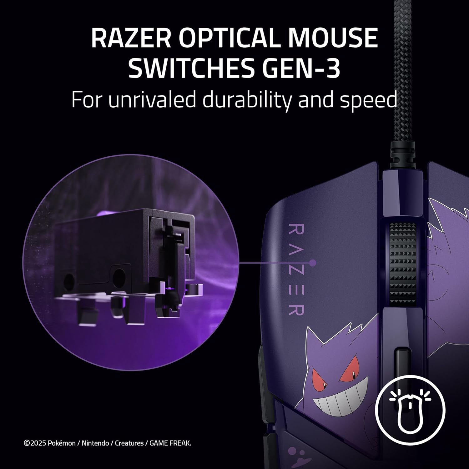 Cobra Wired Gaming Mouse: 58G Lightweight - Gen-3 Optical Switches - Chroma RGB Lighting Underglow - 8500 DPI Optical Sensor - 100% PTFE Mouse Feet - Speedflex Cable - Pokemon Gengar Edition