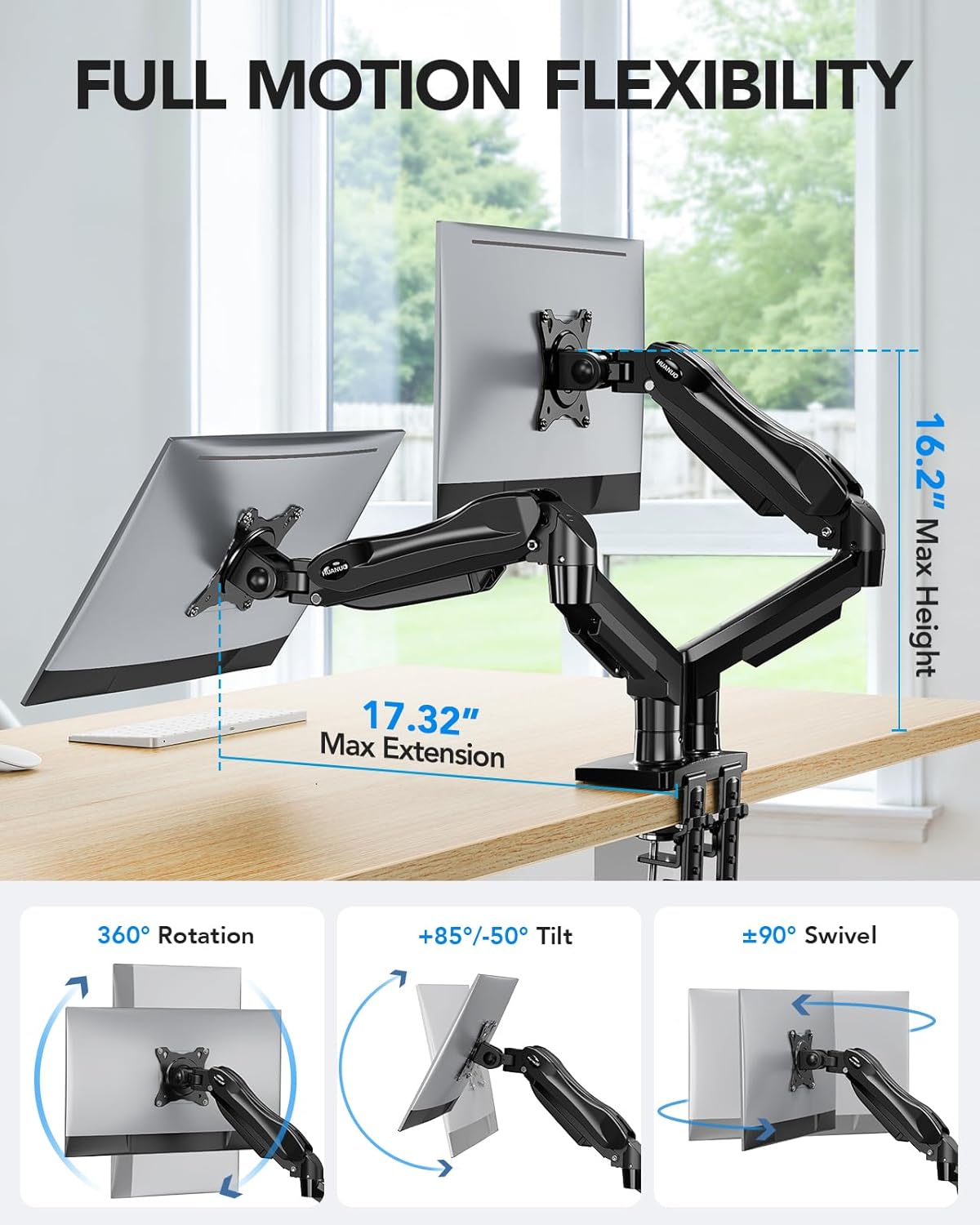 Flowlift™ Dual Monitor Stand, Fully Adjustable Gaming Monitor Desk Mount for 13–32″ Computer Screens, Full Motion VESA 75X75/100X100 with C-Clamp & Grommet Base, Each Arm Holds 4.4 to 19.8 Lbs