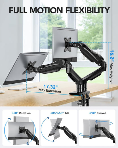 Flowlift™ Dual Monitor Stand, Fully Adjustable Gaming Monitor Desk Mount for 13–32″ Computer Screens, Full Motion VESA 75X75/100X100 with C-Clamp & Grommet Base, Each Arm Holds 4.4 to 19.8 Lbs