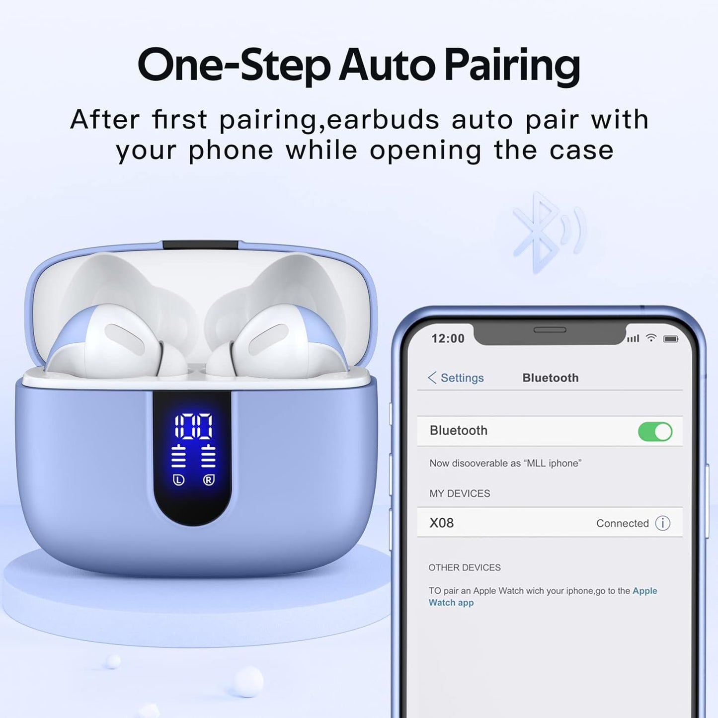 Bluetooth Headphones True Wireless Earbuds 60H Playback LED Power Display Earphones with Wireless Charging Case IPX5 Waterproof In-Ear Ear Buds with Mic for TV Smart Phone Laptop Computer Sports