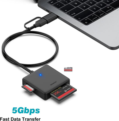 Memory Card Reader,  4In1 USB 3.0 and USB-C to SD Micro SD MS CF Card Reader Adapter, 4 Cards Simultaneously Read and Write, Compatible with Iphone 15 Series, Macbook Pro/Air 2023, and More
