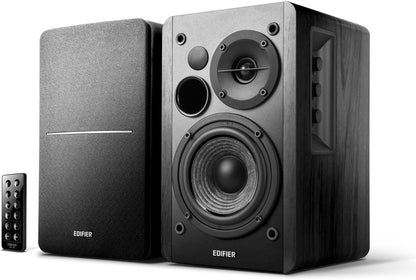 R1280DB Powered Bluetooth Bookshelf Speakers - Optical Input - Wireless Studio Monitors - 4 Inch near Field Speaker - 42W RMS - Wood Grain (Black)
