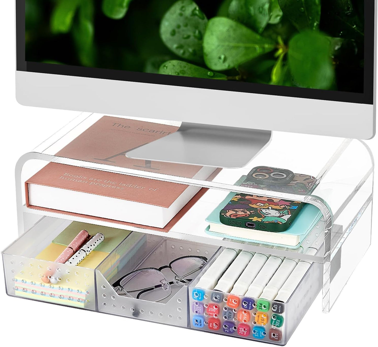 Desk Organizer and Accessories, 2-Tier Computer Monitor Stand Riser with Drawer and 2 Pen Holders, Laptop Stand, Office Desk Accessories for Office Supplies, Black