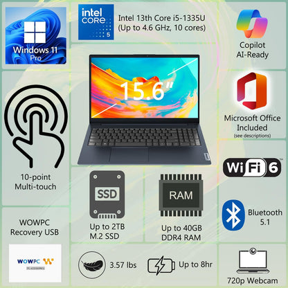 Ideapad Business Laptop, 15.6" FHD Touchscreen Display, Intel 13Th 10-Core I5 CPU (Up to 4.6 Ghz), 16GB RAM, 1TB SSD, Copilot AI Ready, Wi-Fi 6, Windows 11 Pro with Microsoft Office, WOWPC USB