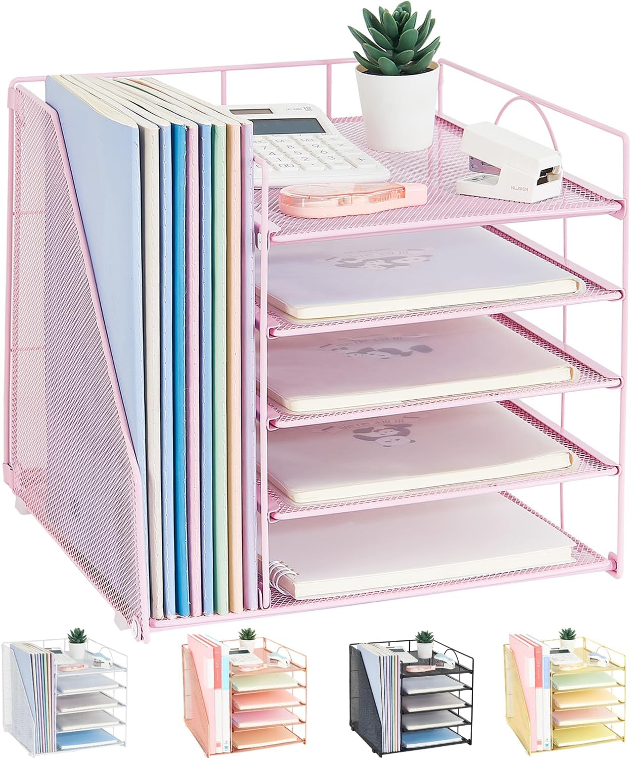 Desk Organizers and Accessories, 5-Tier Paper Letter Tray Organizer with File Holder, Desktop Organizer for Office Supplies (Black)