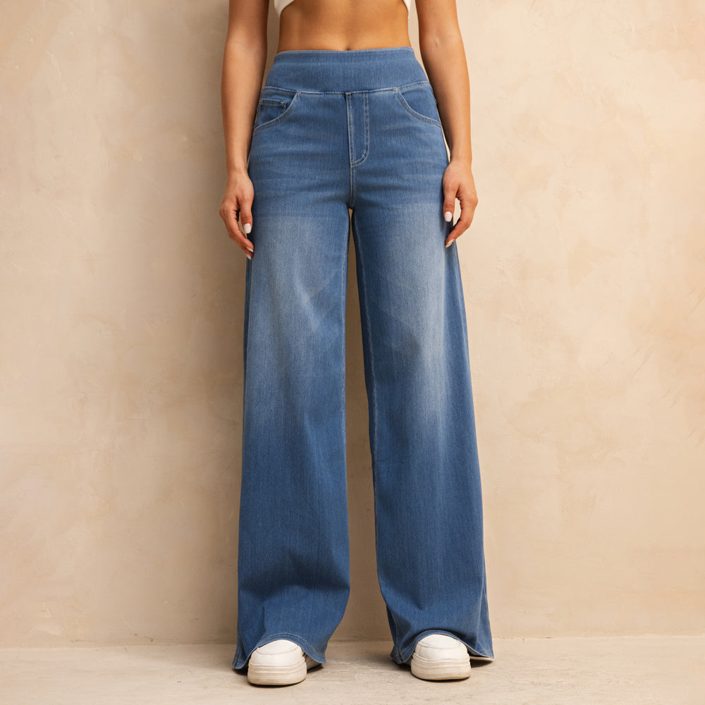 Shascullfites Melody High-Waisted Tummy Control Jeans Women's Retro Blue Flare Jeans With Pockets Casual Wide Leg Jeans