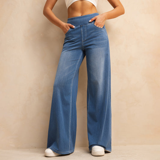 Shascullfites Melody High-Waisted Tummy Control Jeans Women's Retro Blue Flare Jeans With Pockets Casual Wide Leg Jeans