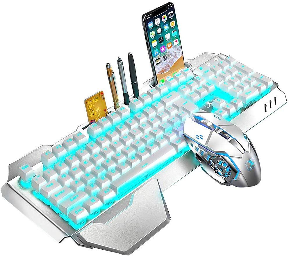 Wireless Gaming Keyboard and Mouse,Rainbow Backlit Rechargeable Keyboard Mouse with 3800Mah Battery Metal Panel,Removable Hand Rest Mechanical Feel Keyboard and 7 Color Gaming Mute Mice for PC Gamers