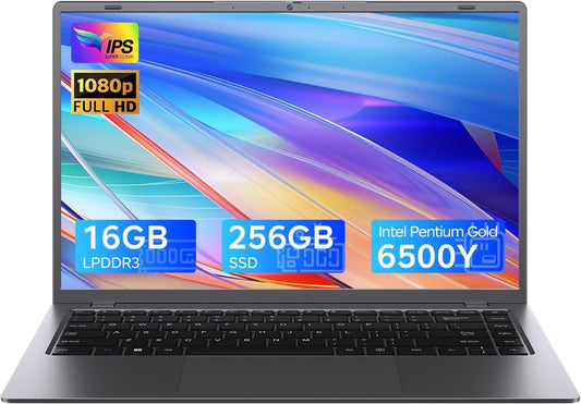 15.6 Inch Laptop with Pentium Gold 6500Y(Up to 3.4Ghz), 16GB RAM 256GB SSD,1080P Full HD, Usb-C,Wifi 5,Bt5.0,Gray Computer Laptops for School, Business