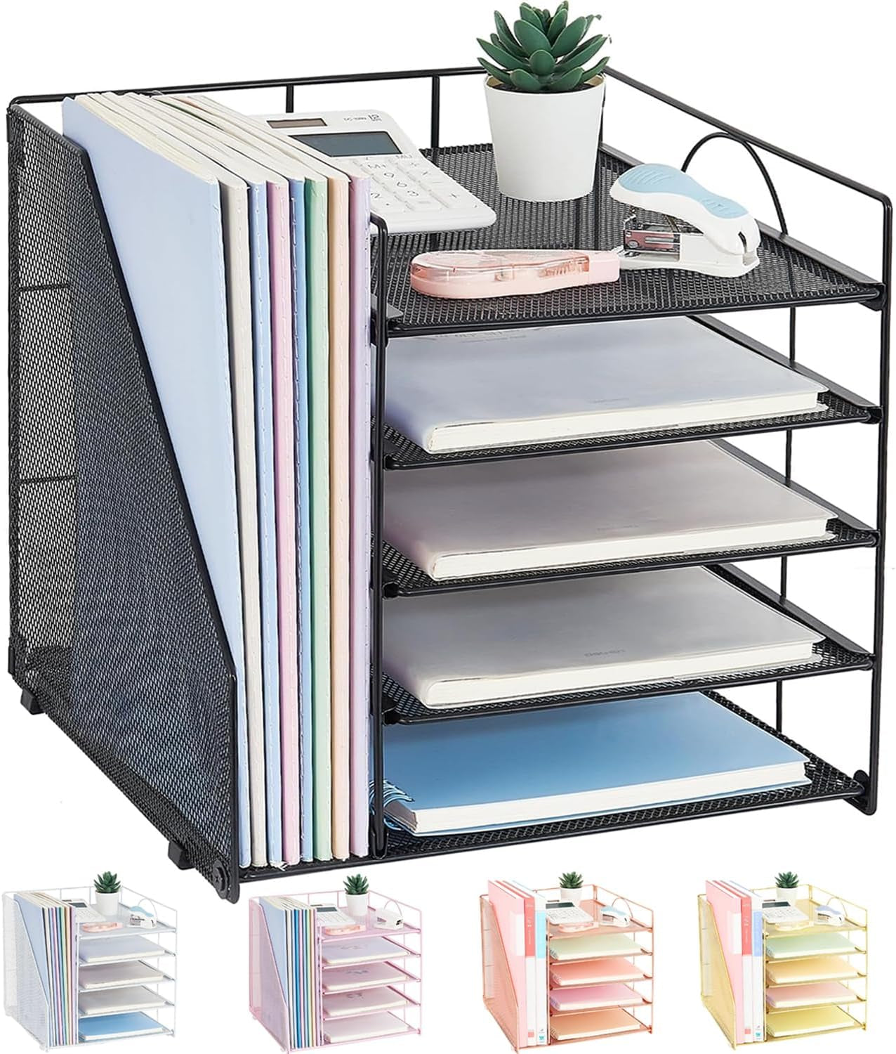 Desk Organizers and Accessories, 5-Tier Paper Letter Tray Organizer with File Holder, Desktop Organizer for Office Supplies (Black)